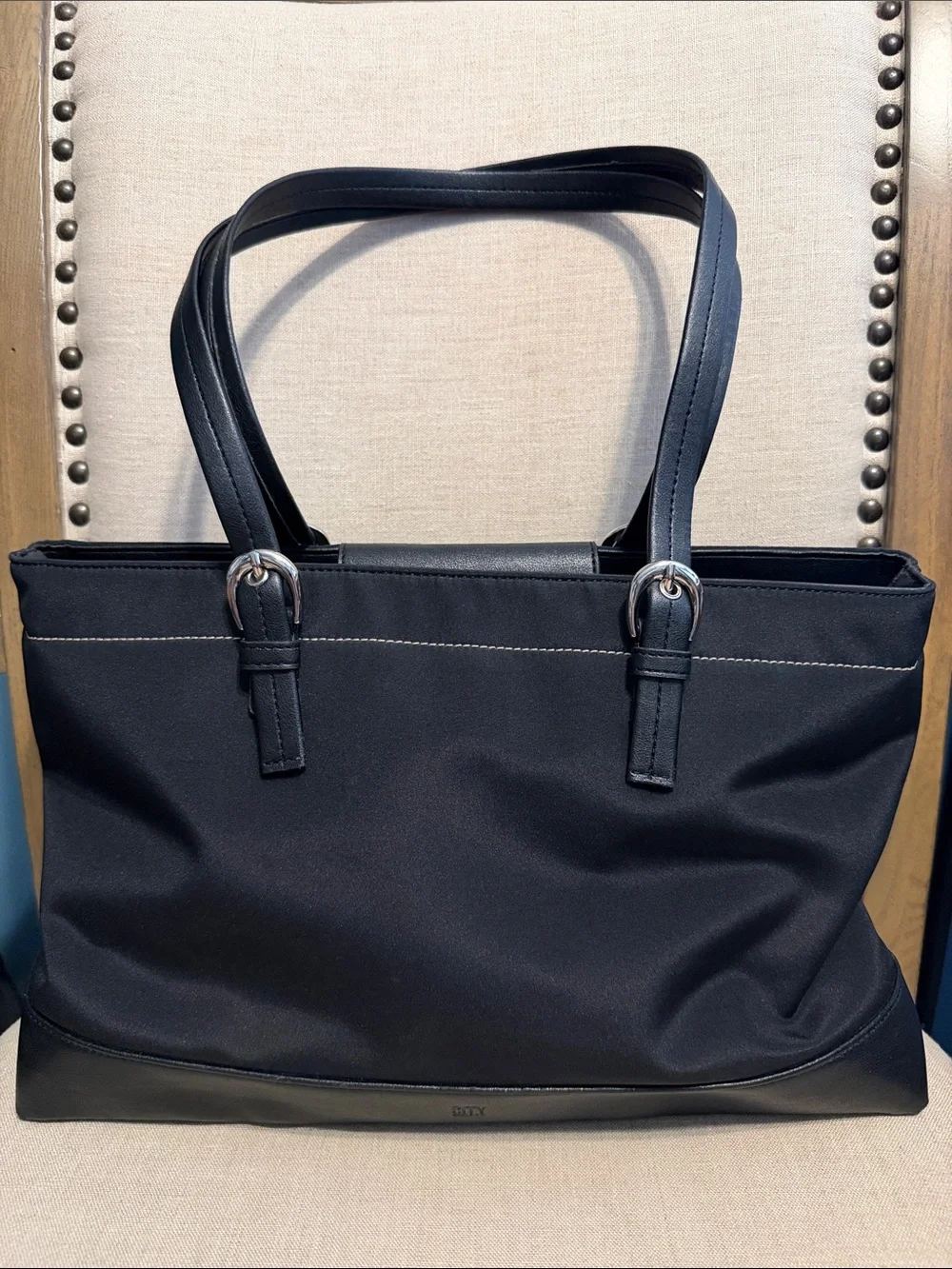 DKNYC Black Nylon Tote Bag with Leather Trim